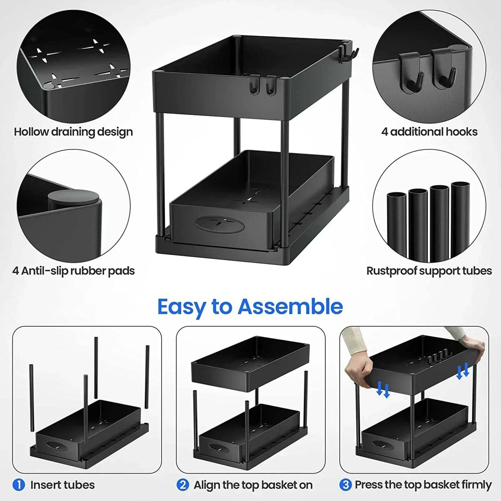 New 2 Tier Under Sink Organizer Sliding Cabinet Basket  Kitchen Organizer Organizer Storage Rack with Hooks Hanging Cup Bathroom