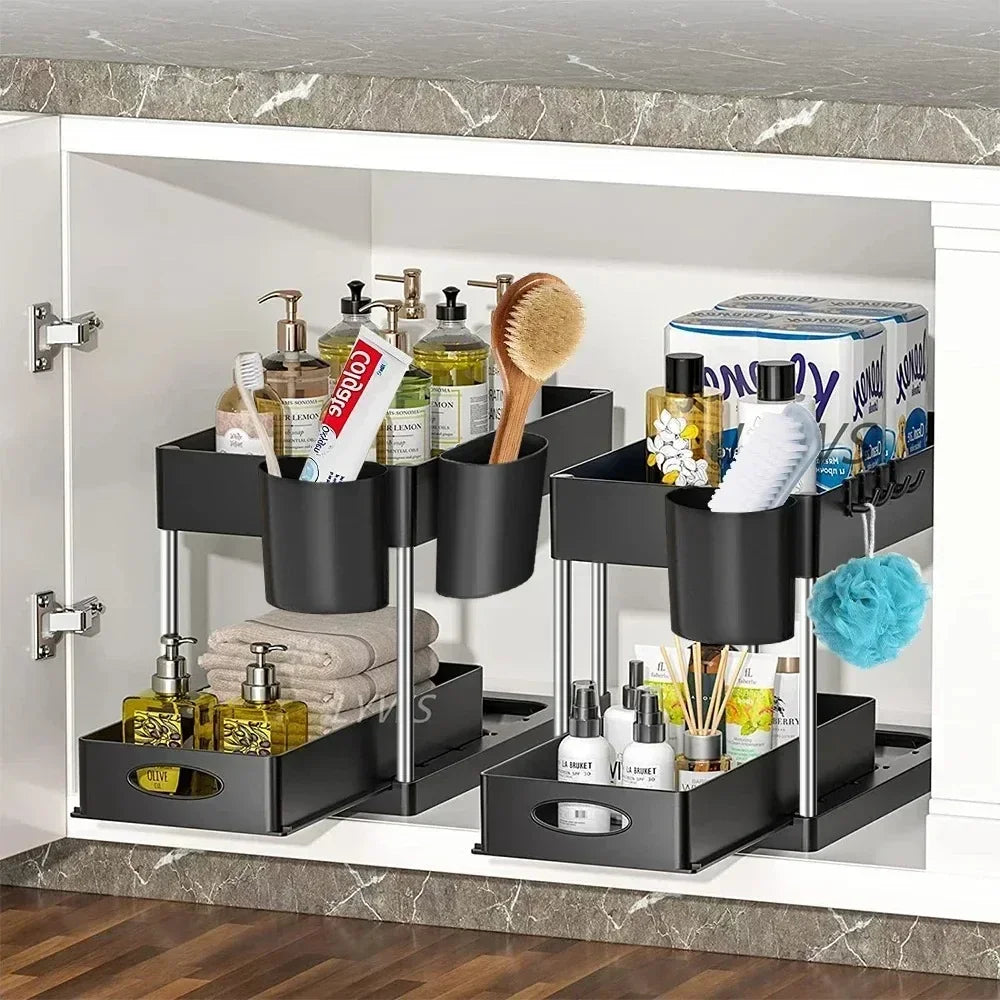 New 2 Tier Under Sink Organizer Sliding Cabinet Basket  Kitchen Organizer Organizer Storage Rack with Hooks Hanging Cup Bathroom