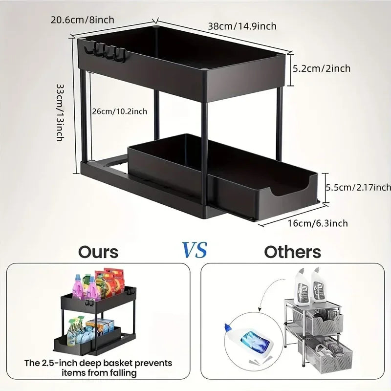 New 2 Tier Under Sink Organizer Sliding Cabinet Basket  Kitchen Organizer Organizer Storage Rack with Hooks Hanging Cup Bathroom