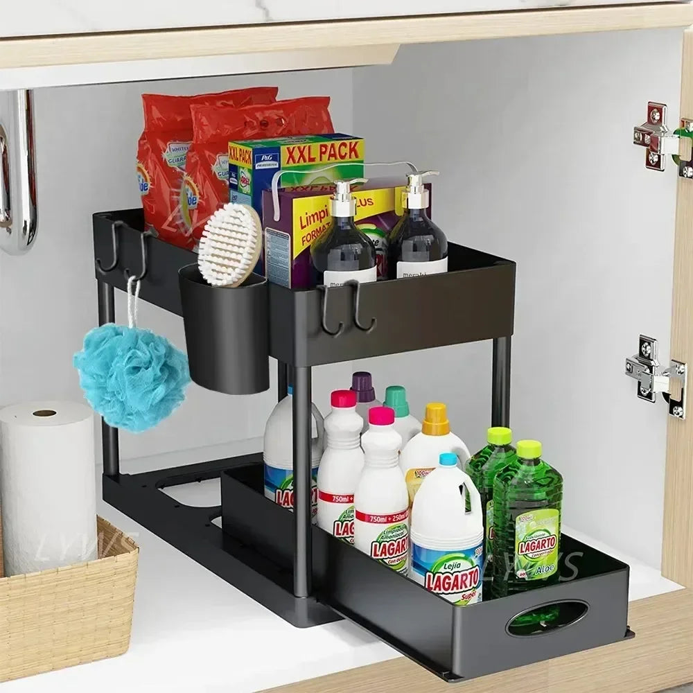 New 2 Tier Under Sink Organizer Sliding Cabinet Basket  Kitchen Organizer Organizer Storage Rack with Hooks Hanging Cup Bathroom